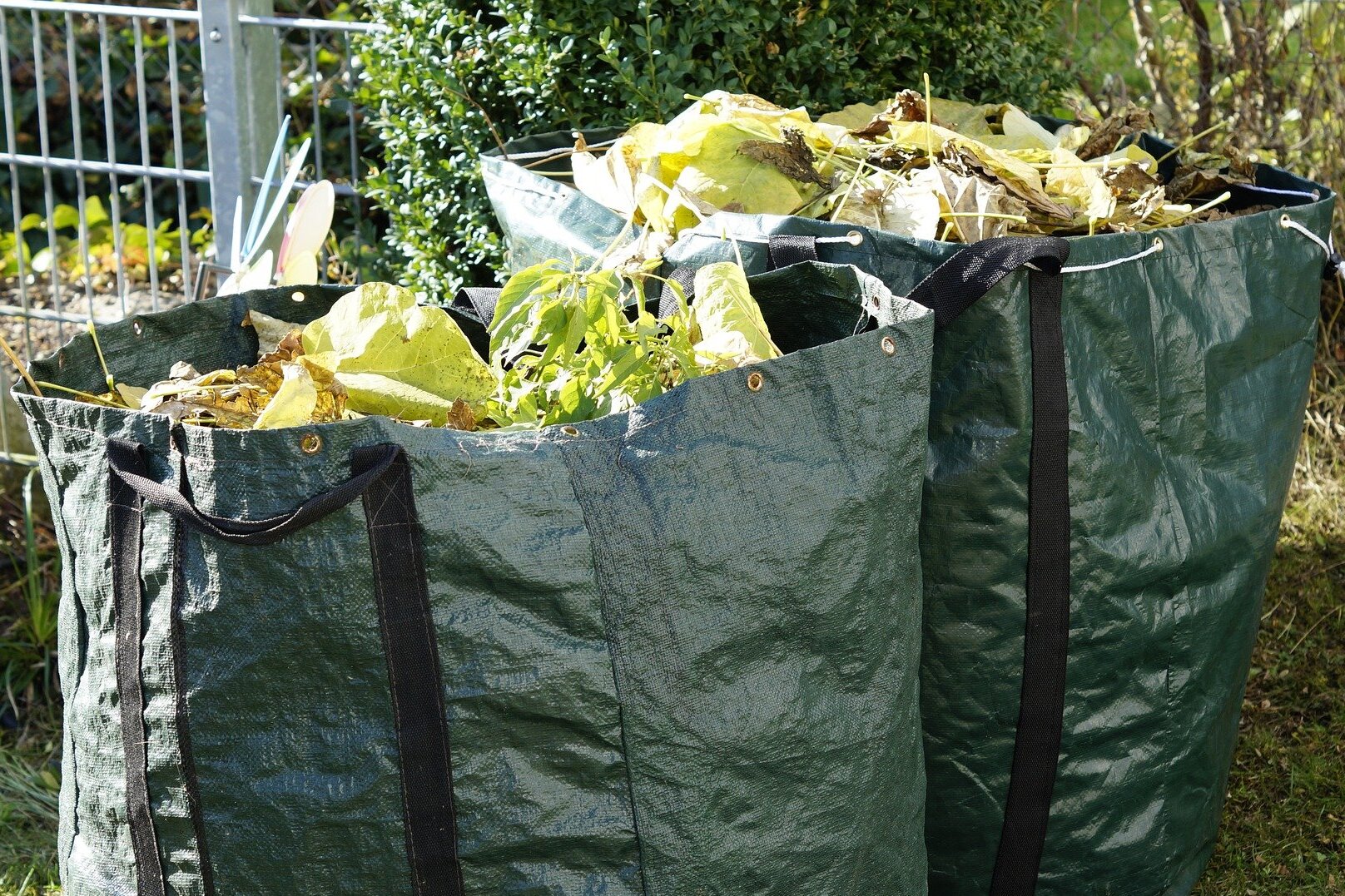 Zwei grüne Säcke mit Gartenabfällen (Laub).