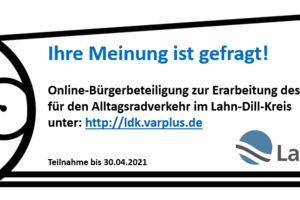 Symbol eines Fahrrads in schwarz-weißer Farbe. Logo der Umfrage zum Radwegekonzept im Lahn-Dill-Kreis.