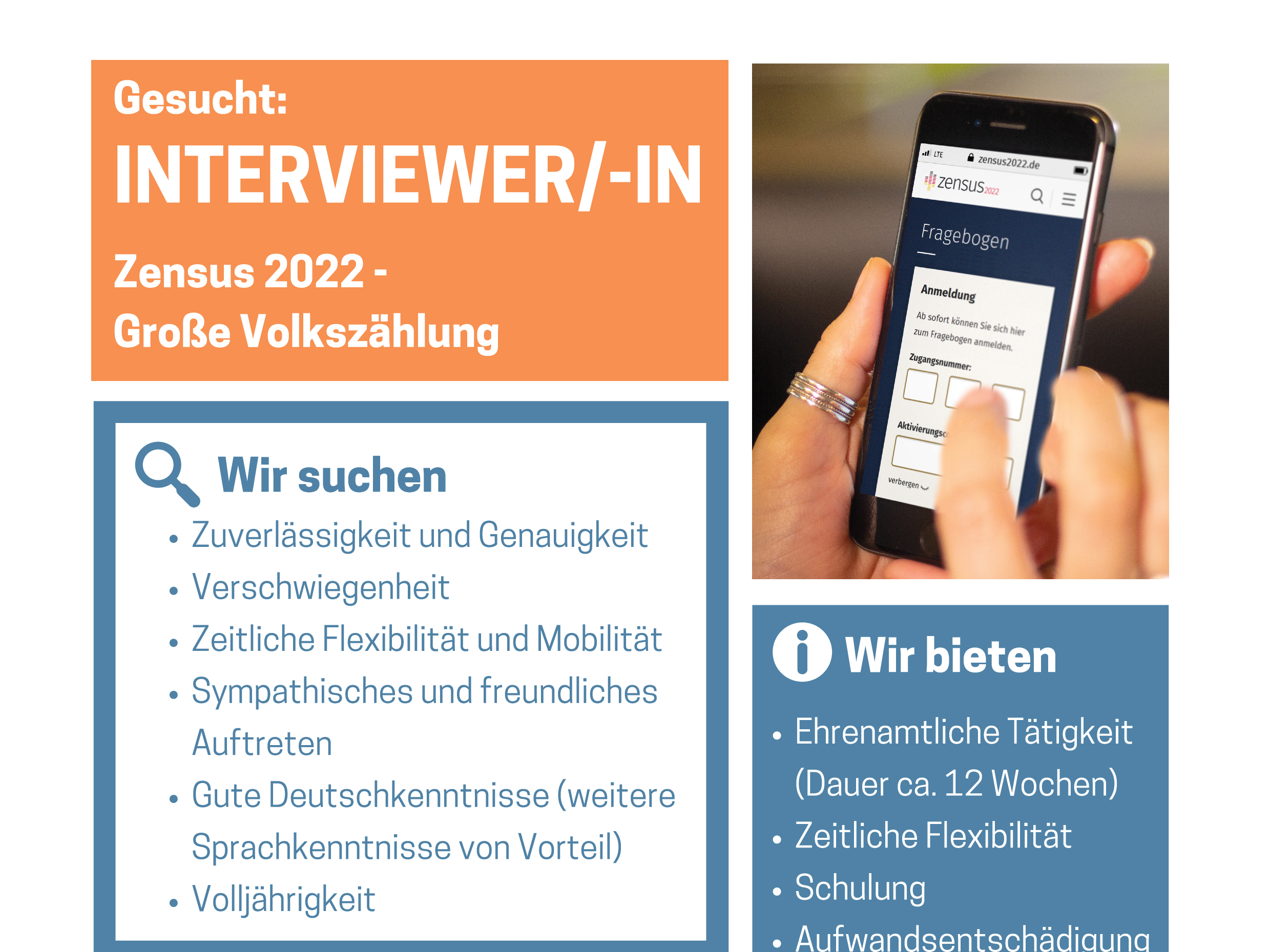 Plakat der Suche nach Interviewern für den Zensus 2022