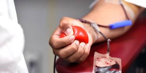 Beispielbild Blutspende, Unterarm mit Blutkonserve