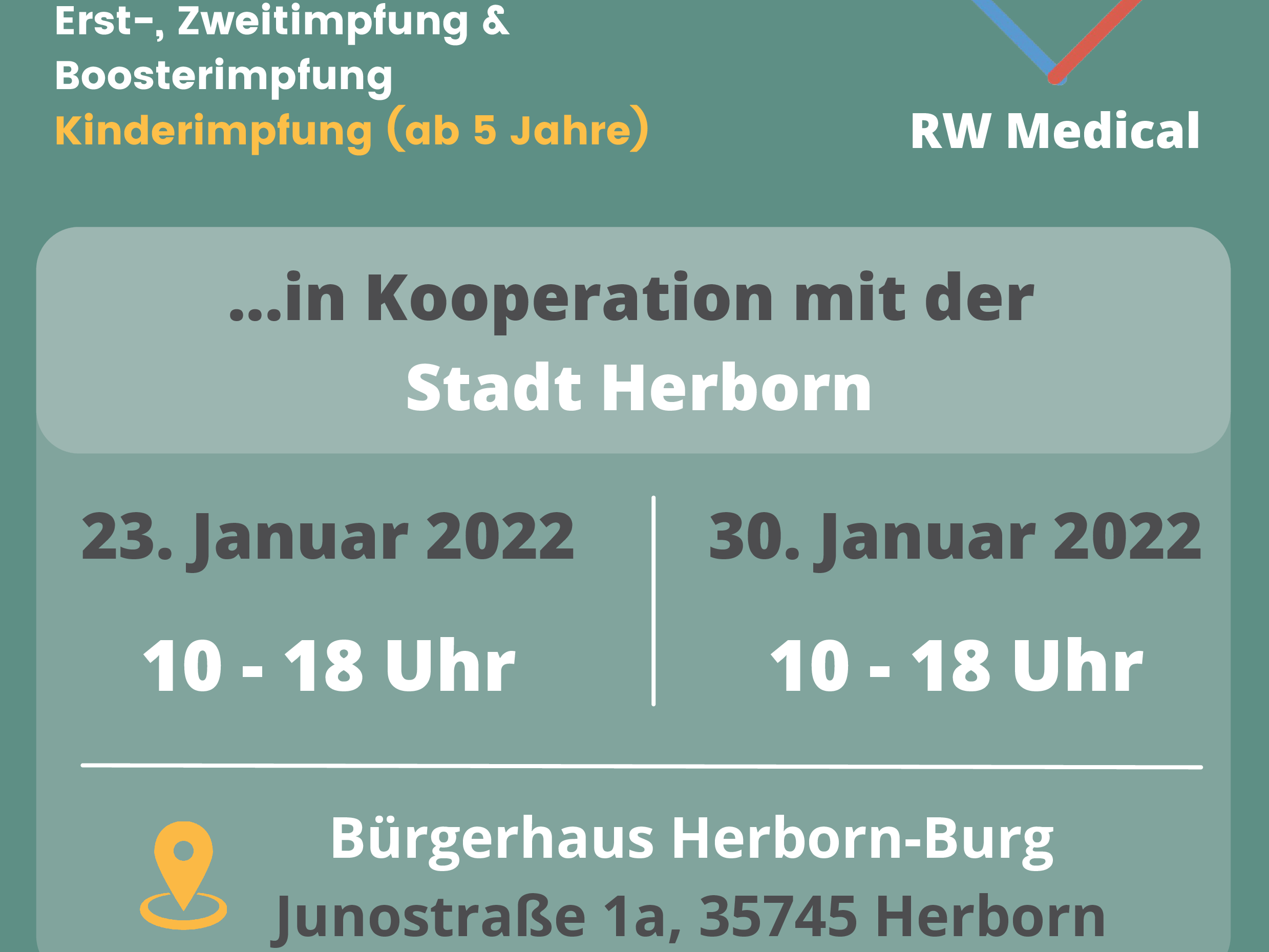 Plakat mit den Terminen für das Impfen am 23. und 30. Januar 2022 im Bürgerhaus Burg