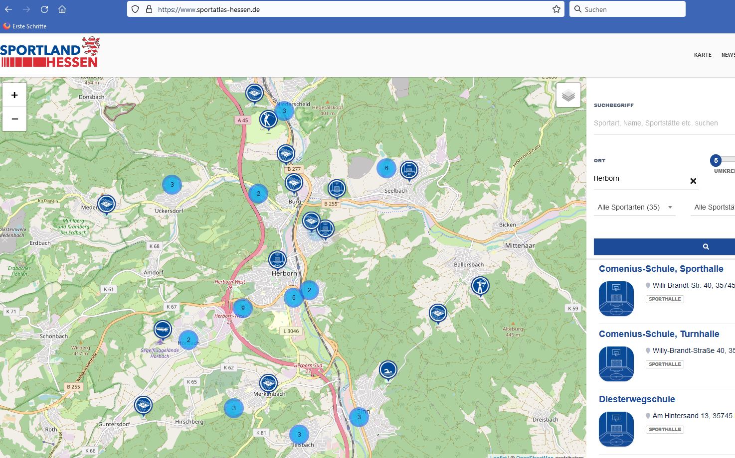 Screenshot der Homepage Sportatlas Hessen